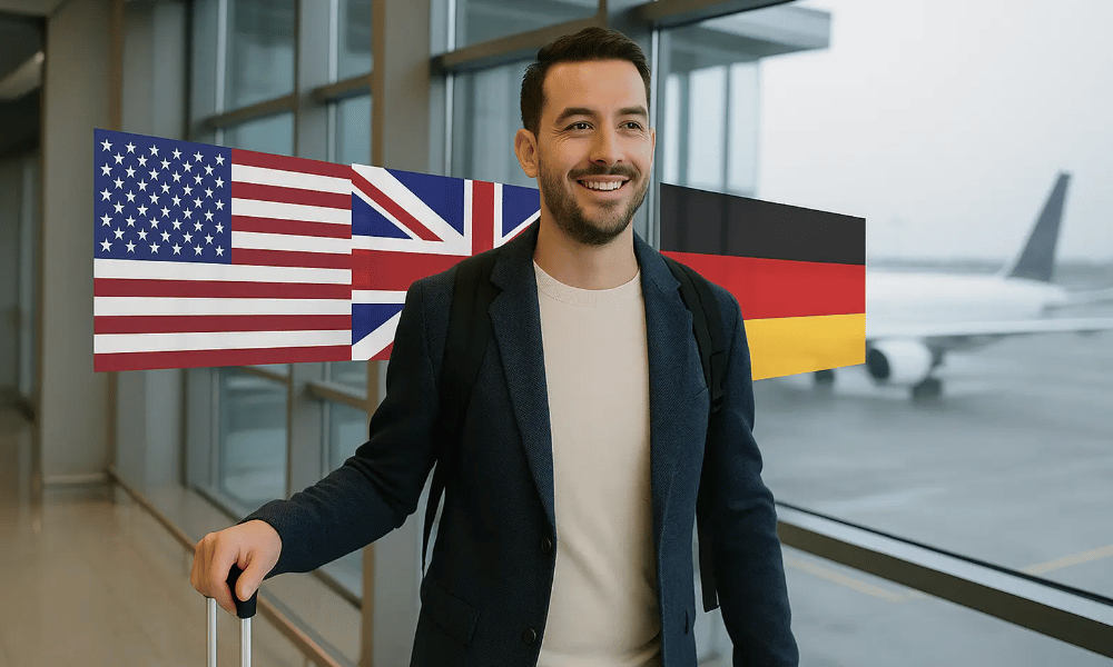 Traveler with flags at airport