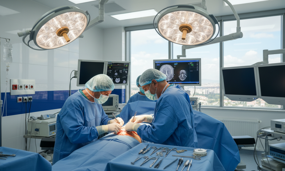 Experienced spinal surgeon performing a procedure in a modern Turkish hospital