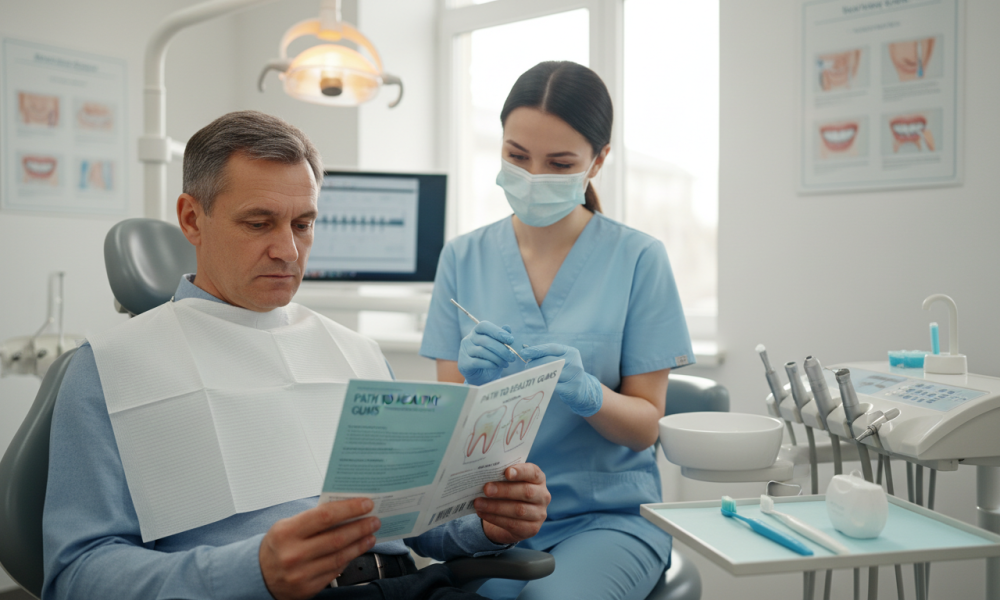 Patient focusing on oral health after gum disease treatment