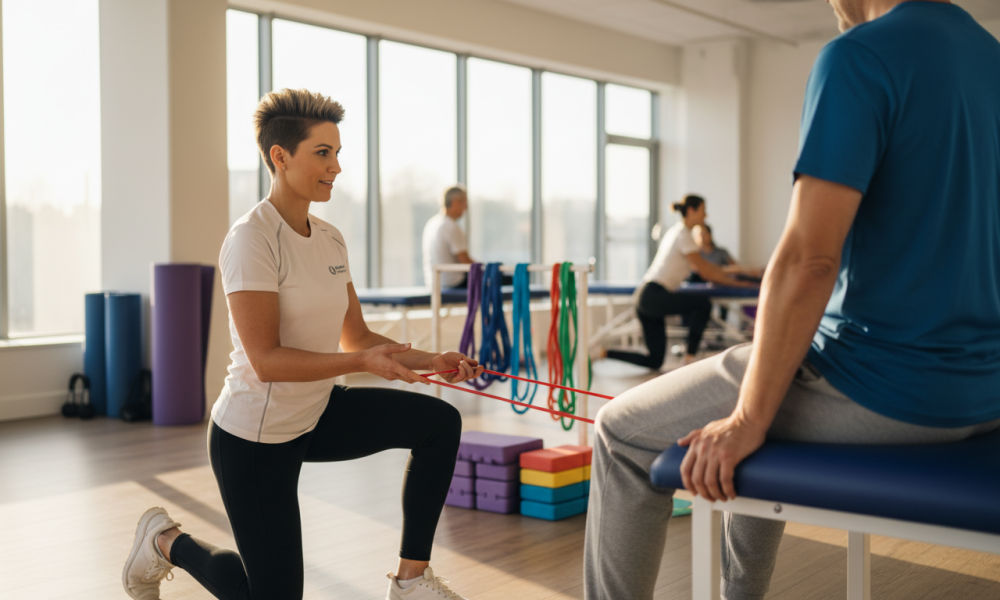 Patient undergoing physiotherapy after hip surgery