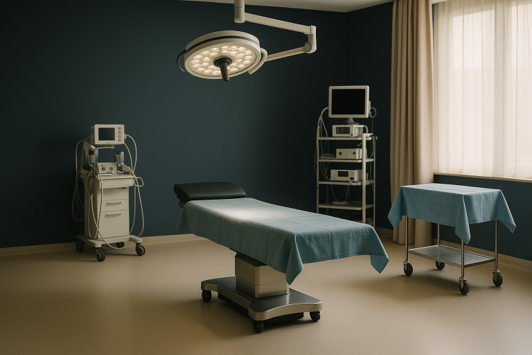 Abdominoplasty in Turkey: Modern operating theatre with surgeons preparing for surgery.