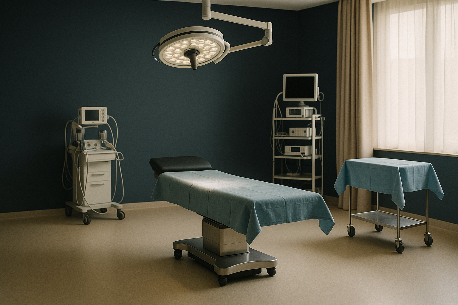 Abdominoplasty in Turkey: Modern operating theatre with surgeons preparing for surgery.