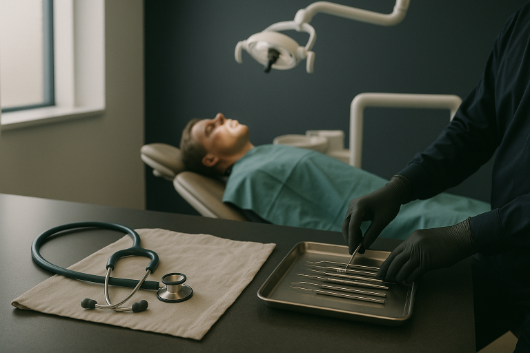 All-on-four dental solution being performed in a dental clinic with focus on dental equipment and procedure.