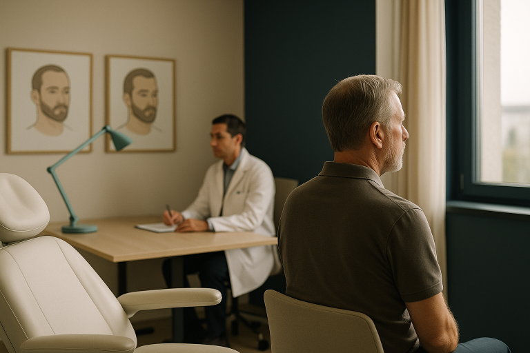 Beard implants consultation in a clinical setting, featuring diagrams and a medical professional.