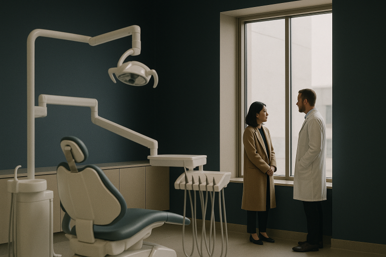International patient consulting in a modern dental clinic, exploring the best country for dental work.