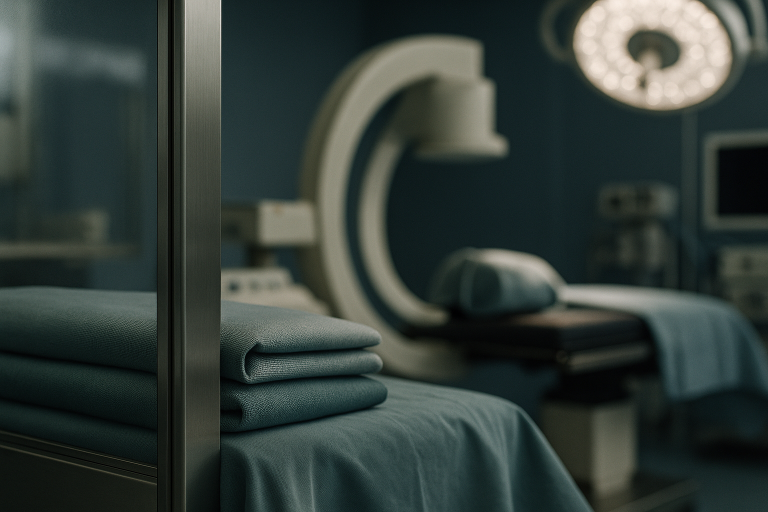 International hospital operating theatre for knee replacement surgery with advanced equipment and diverse surgical team.