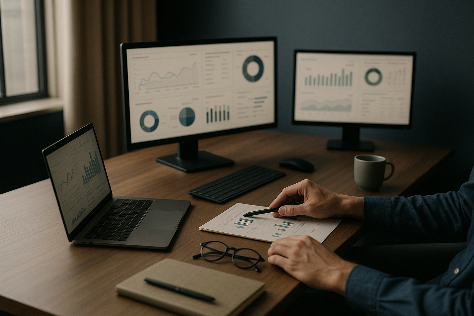 Modern executive workspace showcasing the best marketing platforms for pharmaceutical lead generation with digital marketing dashboards.