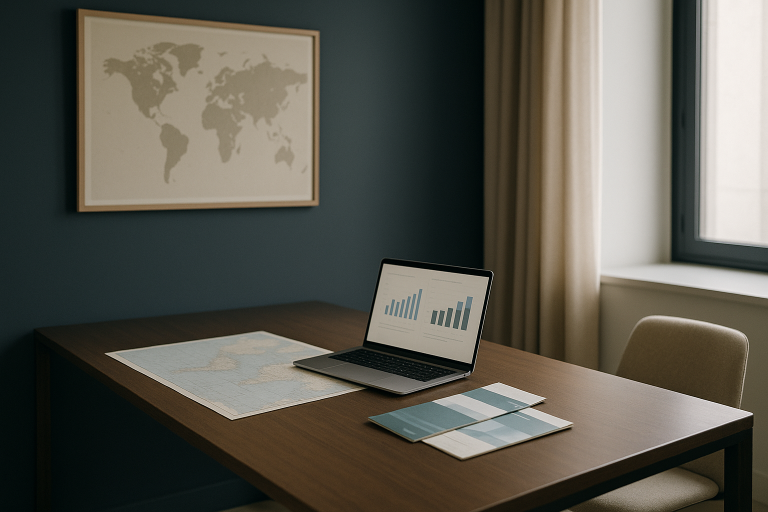 Workspace with a map and laptop showing best travel insurance international options.