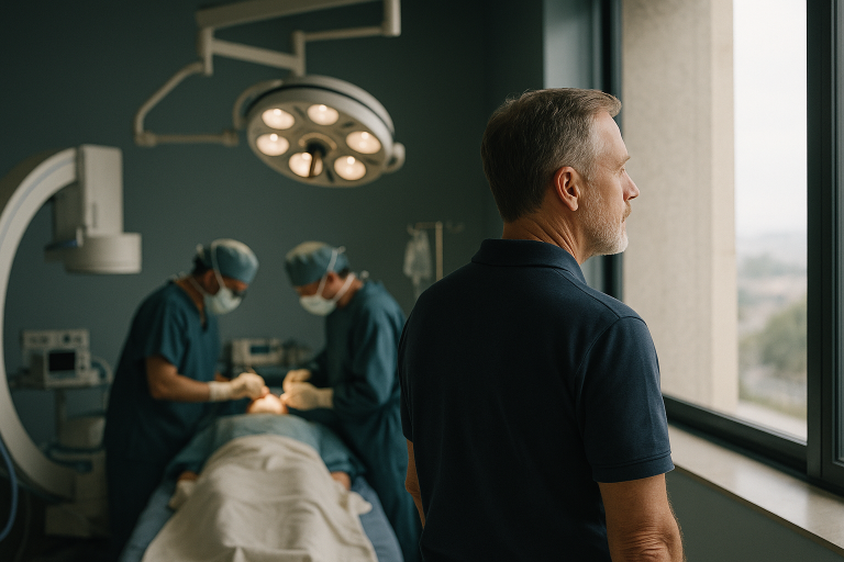 Operating theatre in Turkey with surgeons performing blepharoplasty and Afro hair transplant.