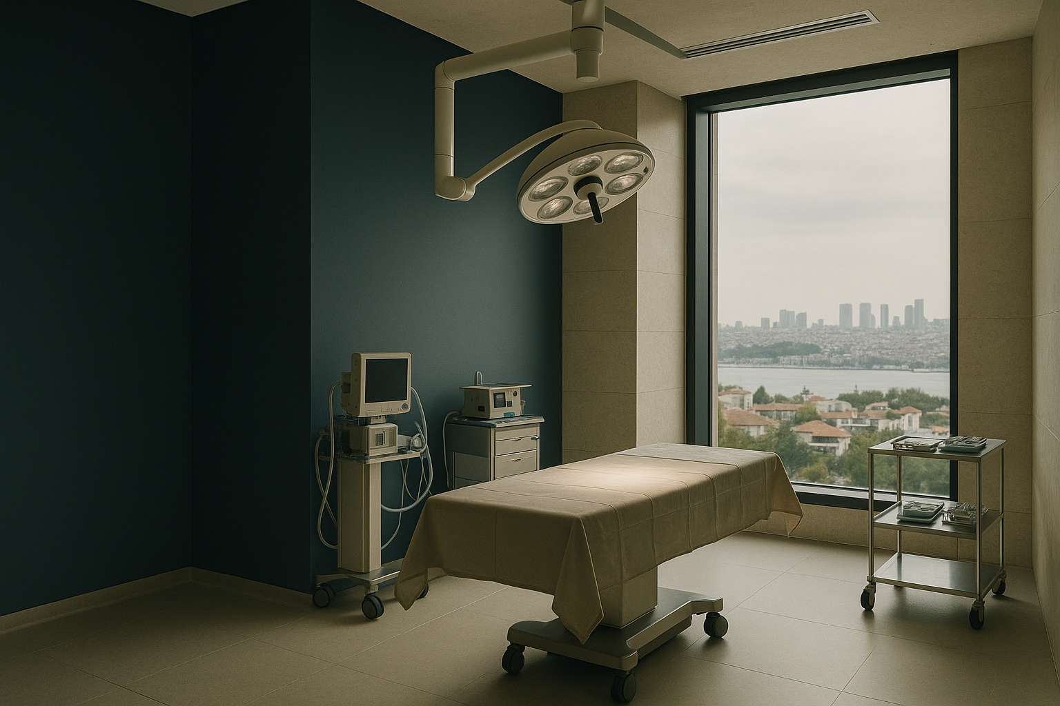 Surgical room in Istanbul prepared for breast augmentation, showcasing equipment and city skyline.
