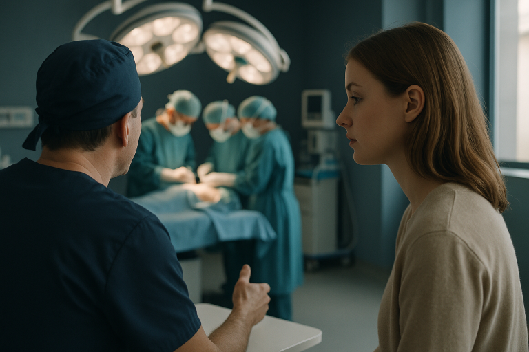 Breast reduction in Turkey: operating theatre with surgeons and modern equipment.