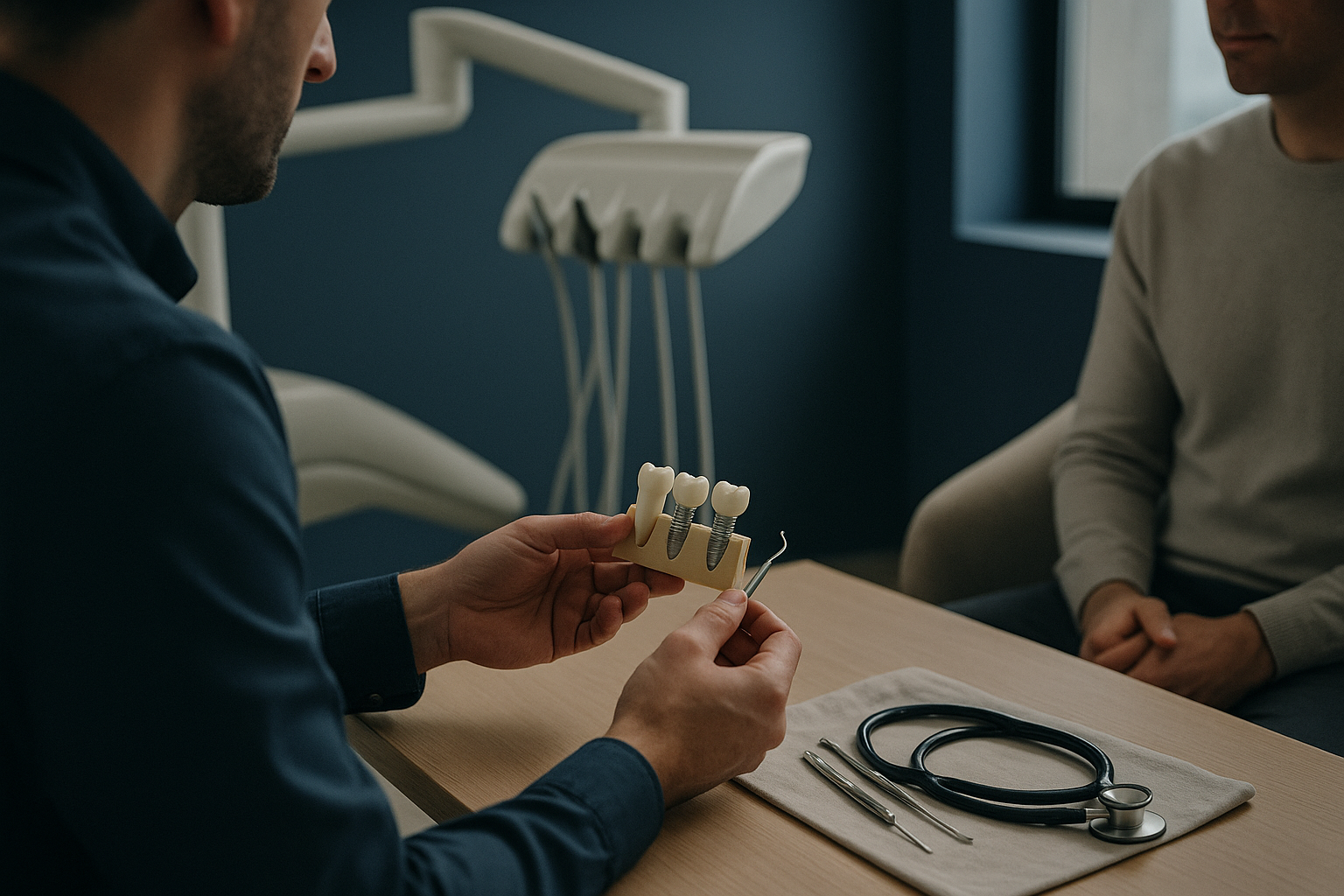Dentist discussing cheapest country for all-on-4 dental implants with a patient.