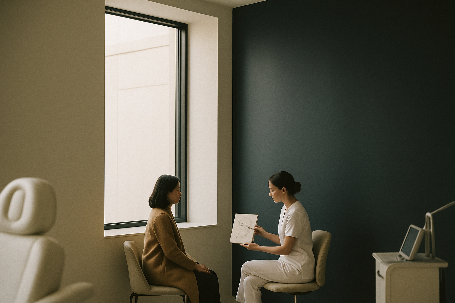 Patient consultation in a clinic discussing chin line filler options