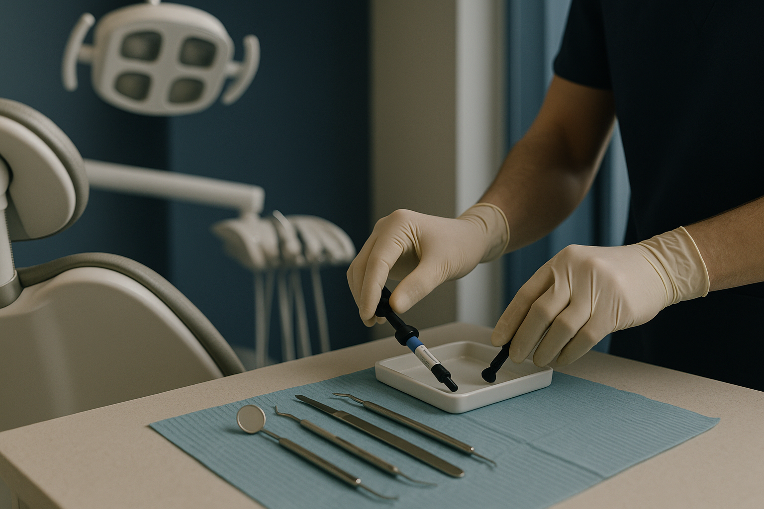 Dentist preparing for composite bonding procedure in a modern Turkish dental clinic.