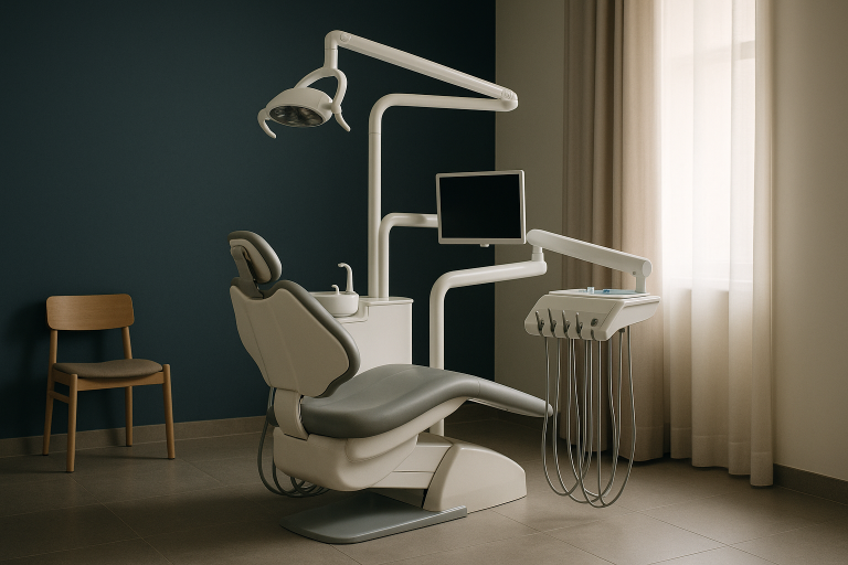 A dentist in a Turkish clinic preparing for a composite bonding procedure with advanced equipment.