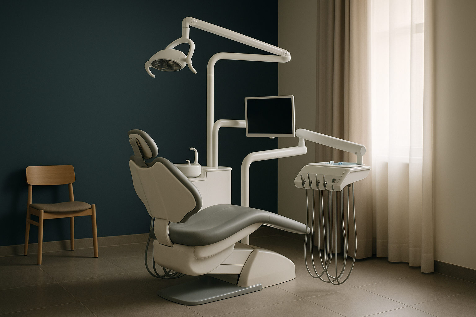 A dentist in a Turkish clinic preparing for a composite bonding procedure with advanced equipment.