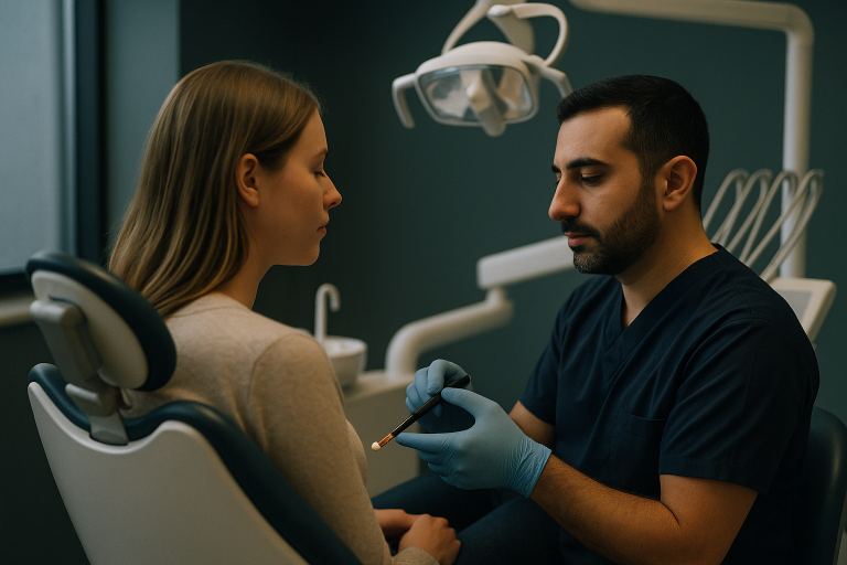 Dentist applying composite veneers in Turkey dental clinic.