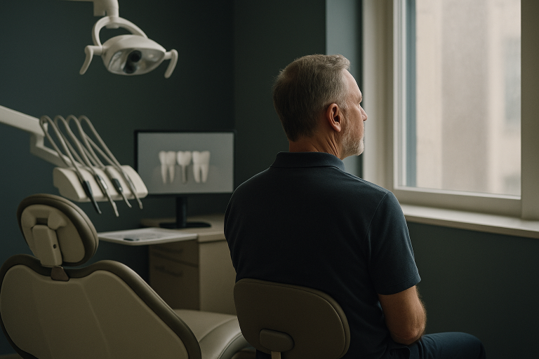 Modern dental clinic focusing on the cost of full mouth dental implants, with a dentist and patient in consultation.