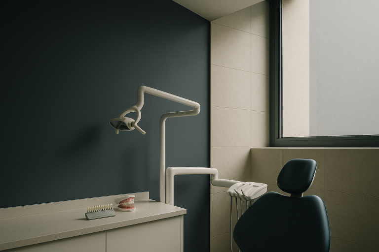 Dentist explaining the cost of porcelain veneers to a patient in a dental clinic.