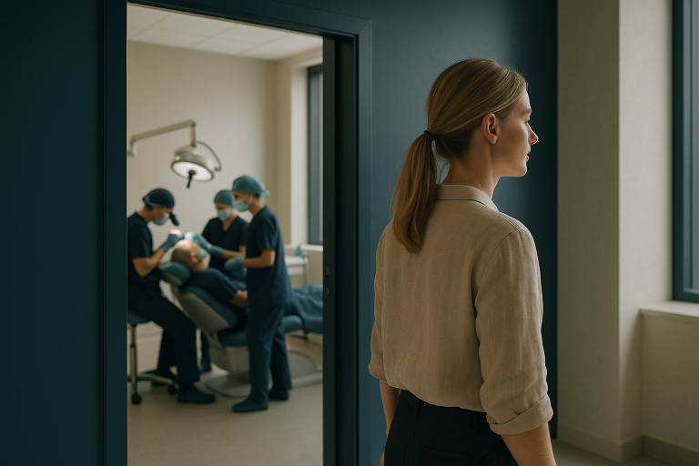 Crown hair transplant procedure being performed on a patient in a modern clinic.
