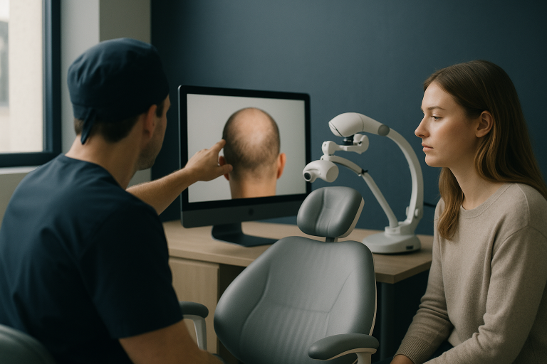 Consultation for crown of a head hair restoration with an expert in a modern clinic.