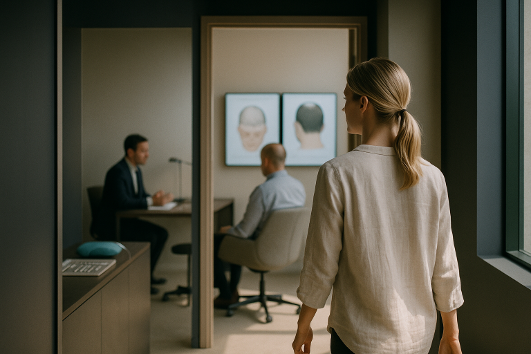 Consultation for crown of hair restoration in a modern clinic.