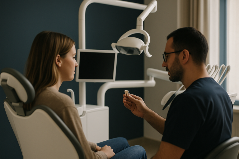 A dentist in a Turkish clinic explaining dental crowns to a patient.