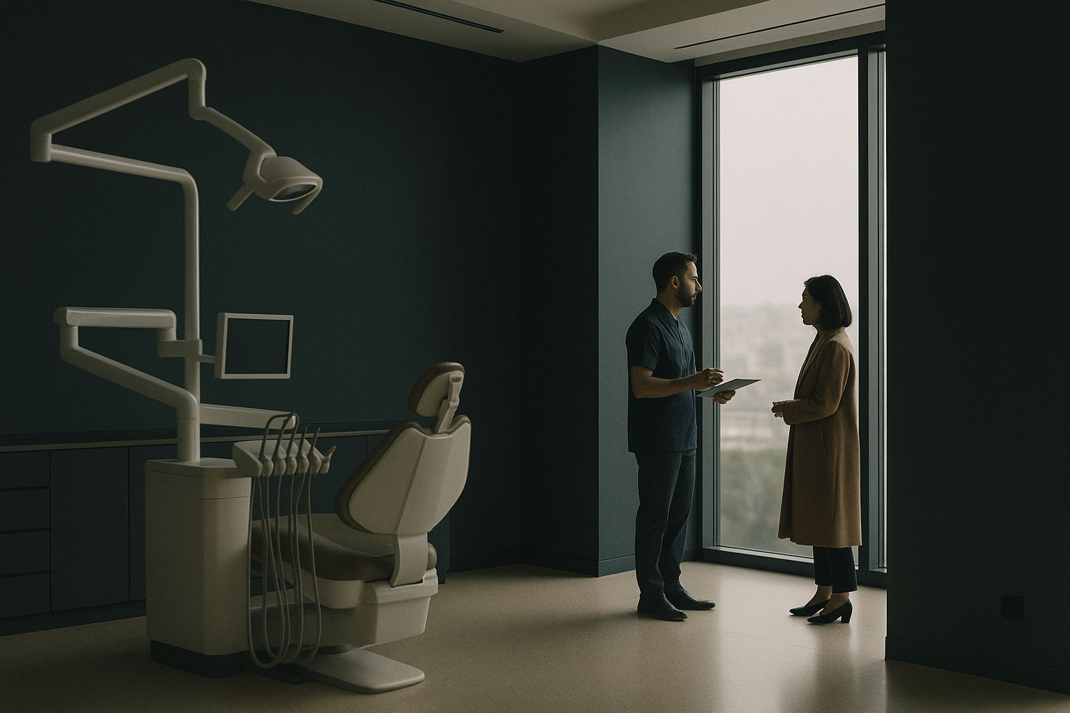 A modern dental clinic in Turkey with a dentist consulting an international patient about dental care.