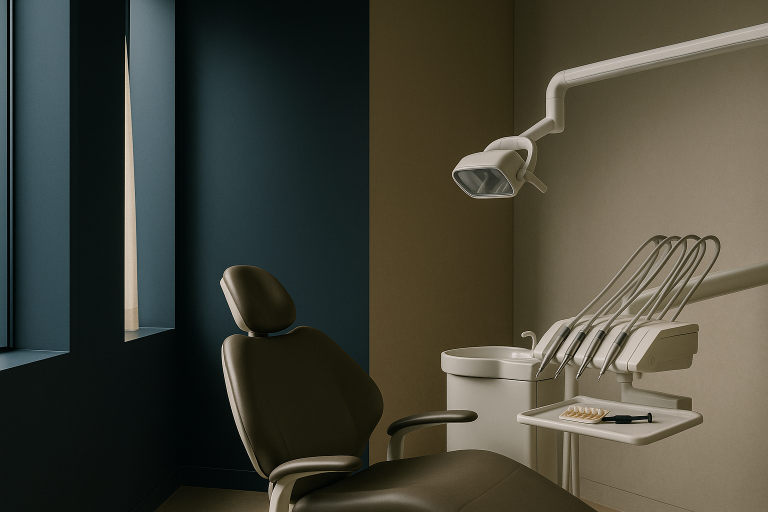 Dental composite veneers cost procedure in a modern dental clinic with equipment and dentist.