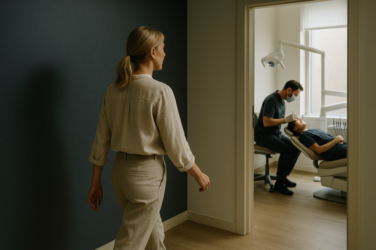 A dentist applying dental facing in a modern clinic.