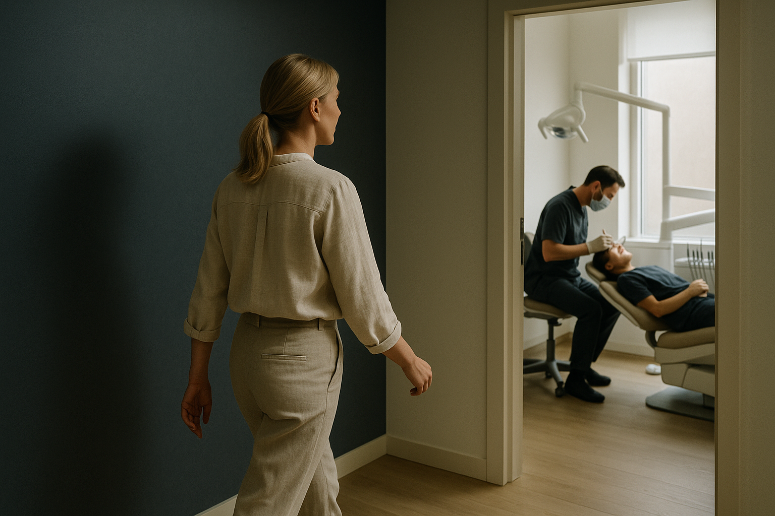 A dentist applying dental facing in a modern clinic.