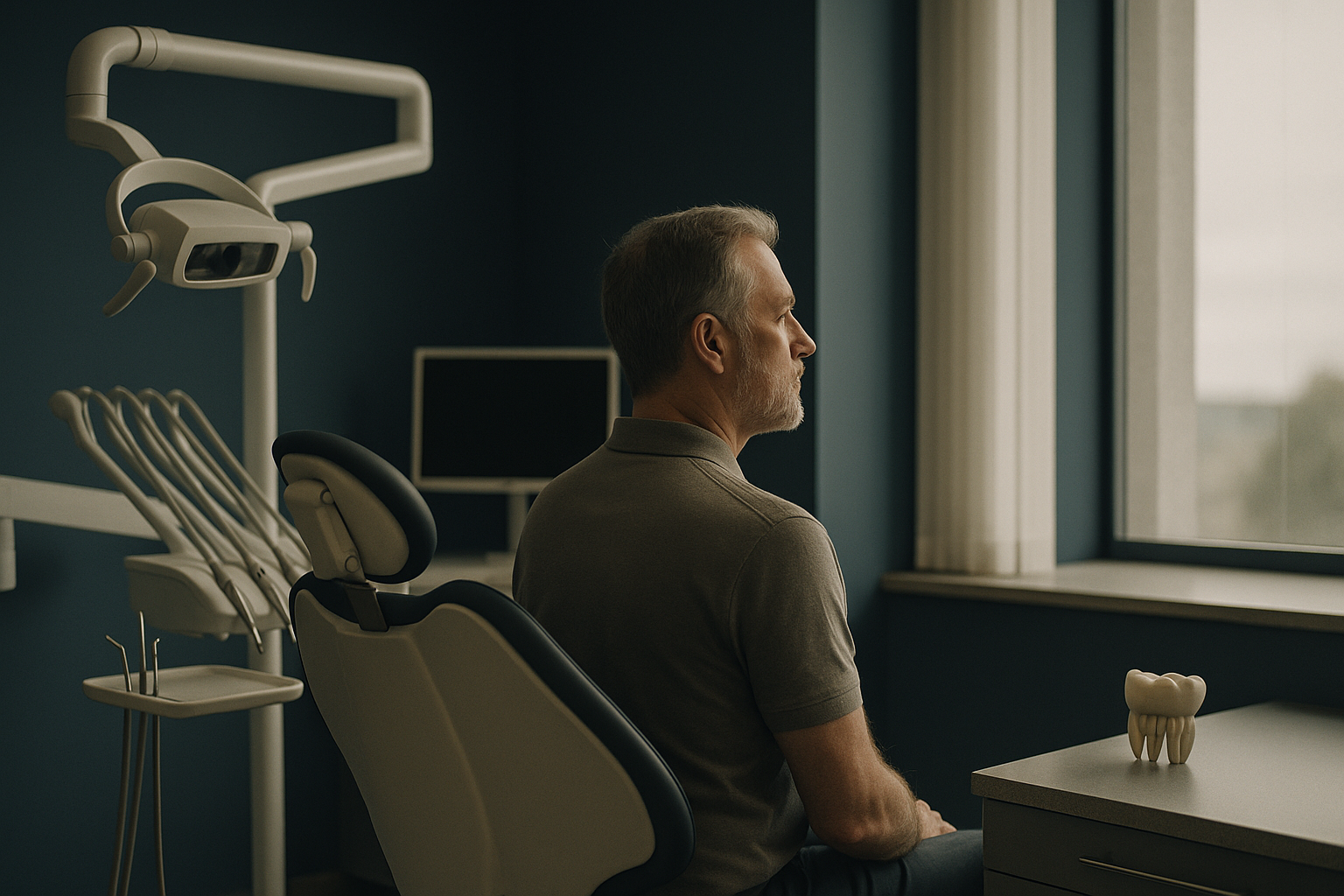 A dentist explaining how much a dental implant costs to a patient in a modern clinic.