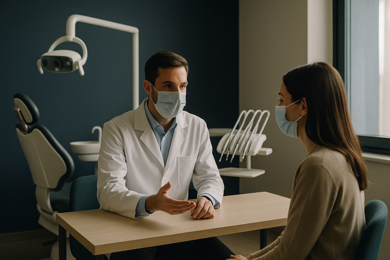 Dentist and patient discussing dental tourism options in a clinic