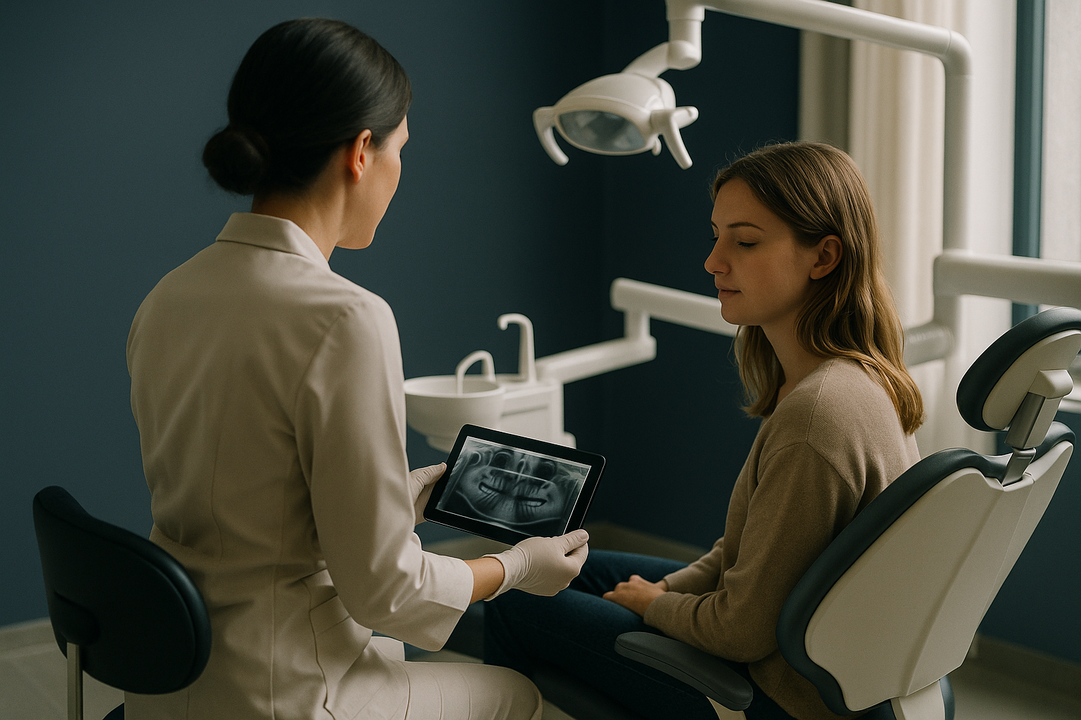 Dental tourism implants in a modern clinic abroad with advanced equipment and international patient consultation.