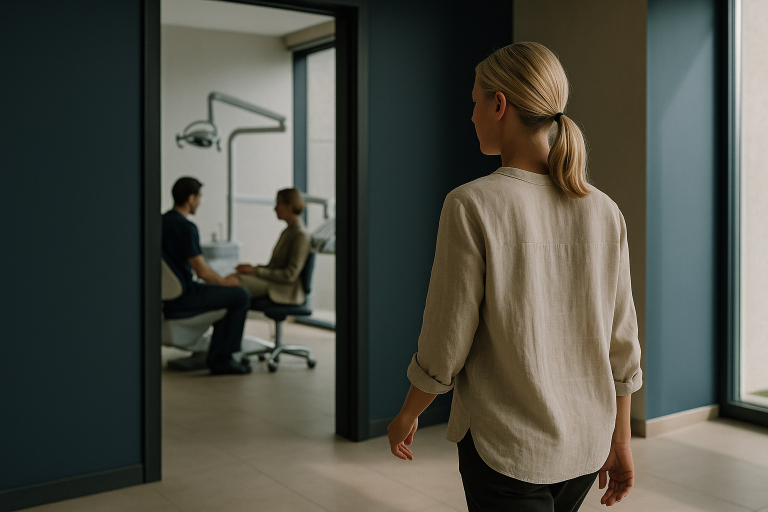 Modern dental clinic in Turkey with dentist and patient discussing treatment plan.