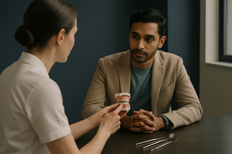 Dentist explaining dental vacation options to an international patient.