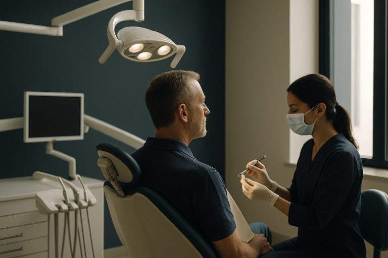 A dentist applying dental veneers in a modern clinic setting.