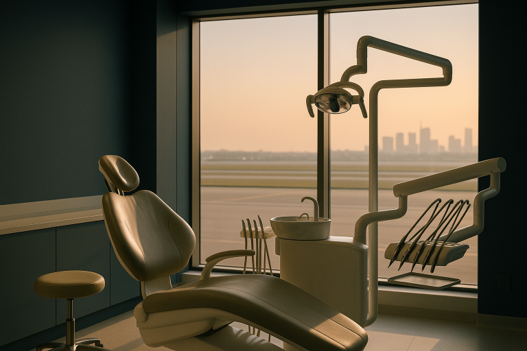 Modern dental clinic in Turkey with dentist and patient discussing dental veneers.