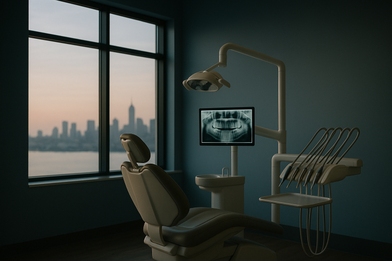 Dentist examining jaw X-ray for denture implants in a modern clinic.