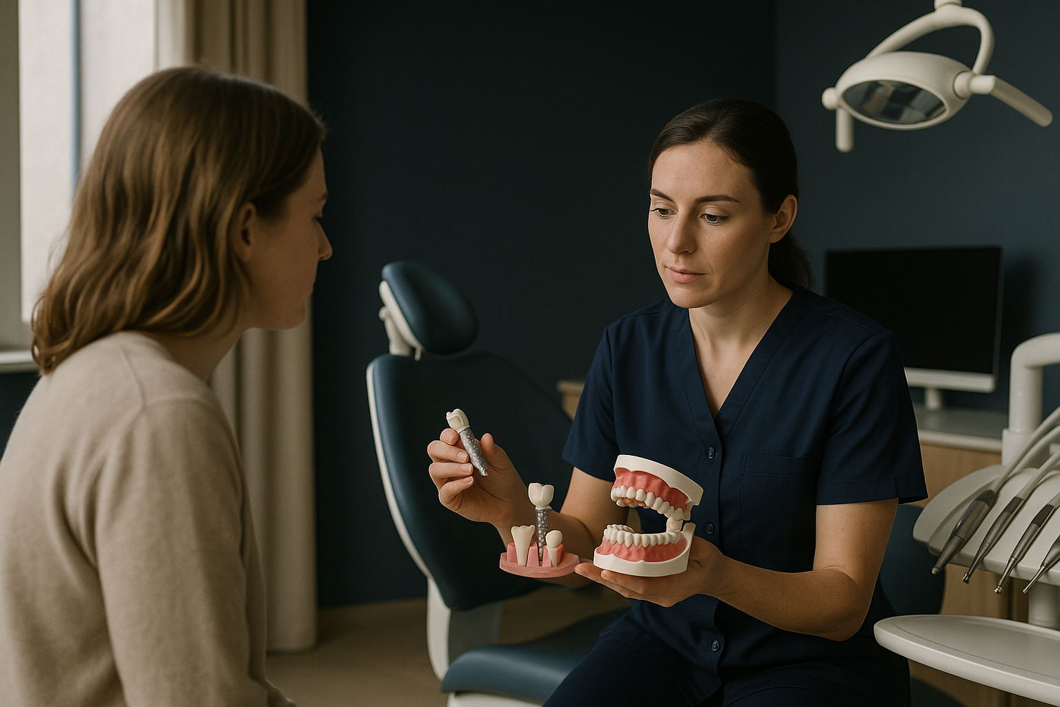 Dentist explaining dentures implants options to an international patient in a modern clinic.