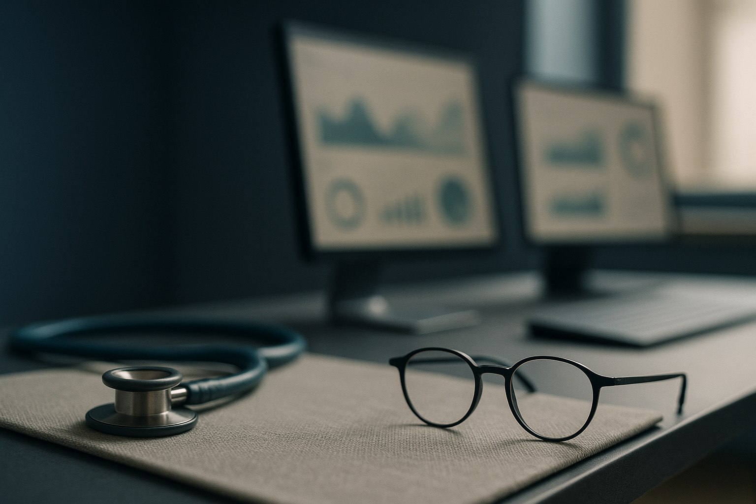 Digital health marketing strategy displayed on computer screens in a modern executive workspace.