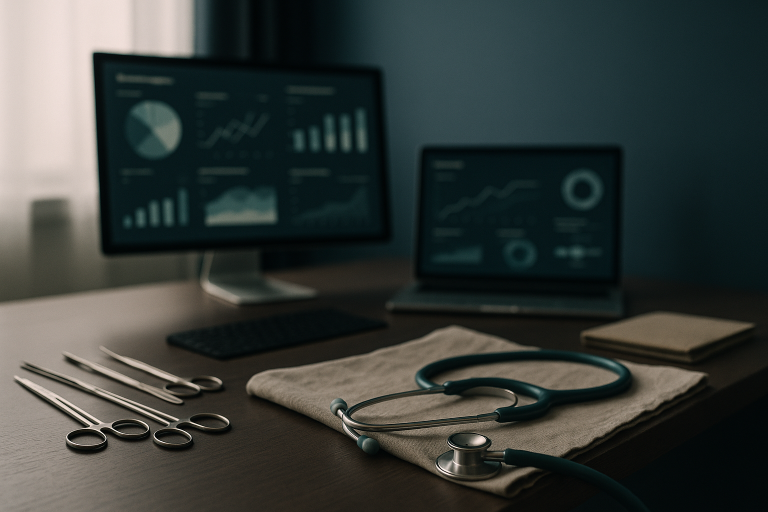 Digital marketing for hospitals on computer screens in a modern executive workspace.