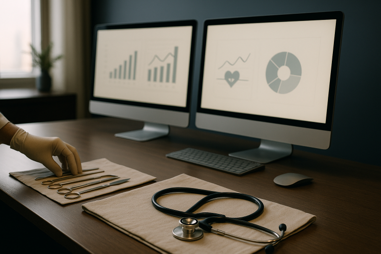 Digital marketing strategies for the healthcare industry displayed on computer screens in an executive workspace.
