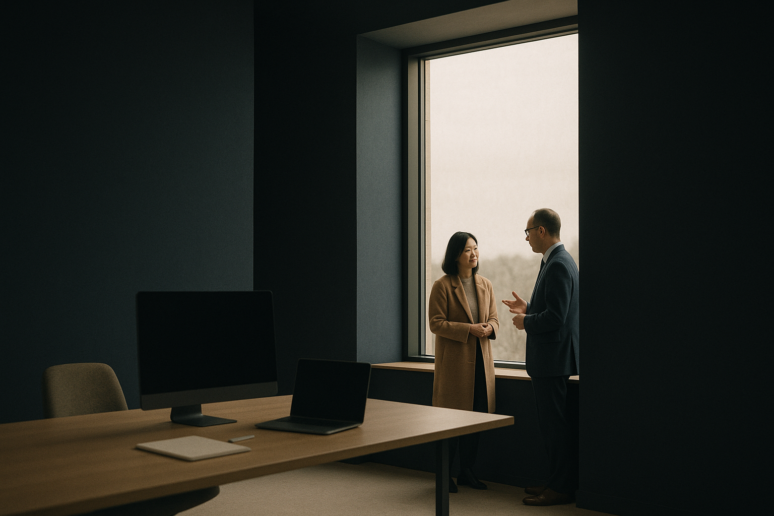 Executive workspace illustrating a digital marketing strategy for healthcare with blank screens.