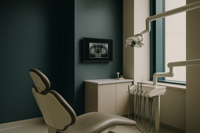 A dentist discussing dental implants with a patient in a modern clinic.