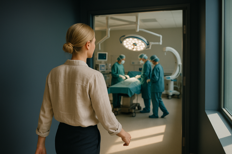 Operating theatre setup for Fleur-de-Lis surgery, showcasing surgical equipment and a professional medical team.