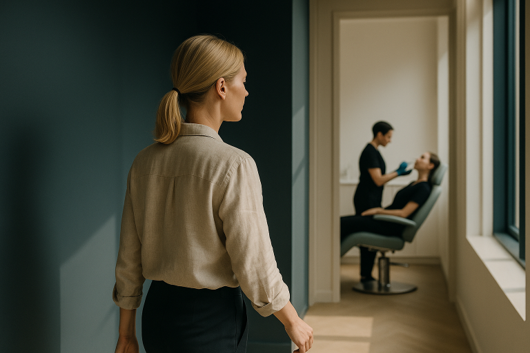 Aesthetic treatment room with a patient receiving filler for jowls.