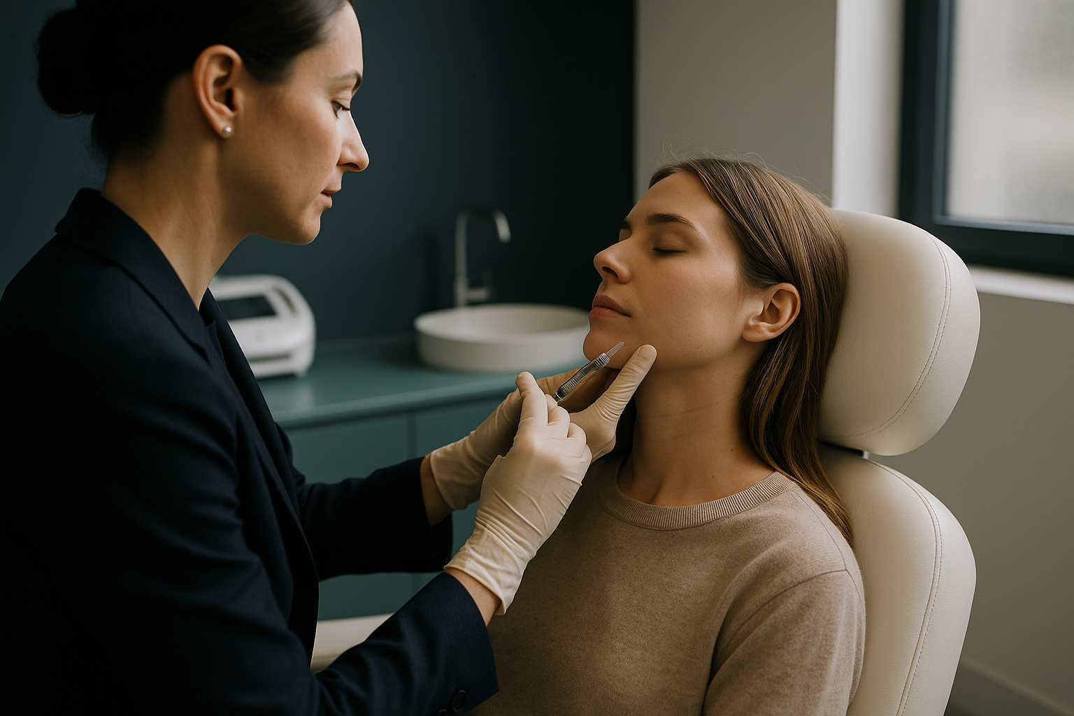 A practitioner performing fillers for jowls treatment in a modern cosmetic clinic setting.