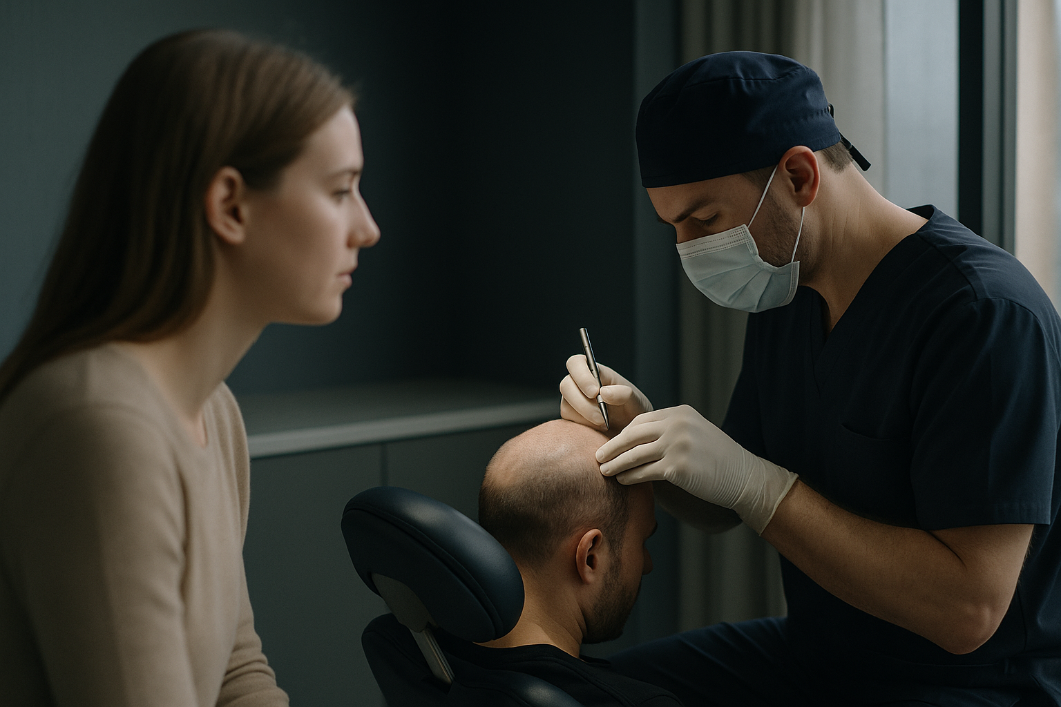 FUE hair implant procedure in a modern clinic, showcasing precision tools and technique.