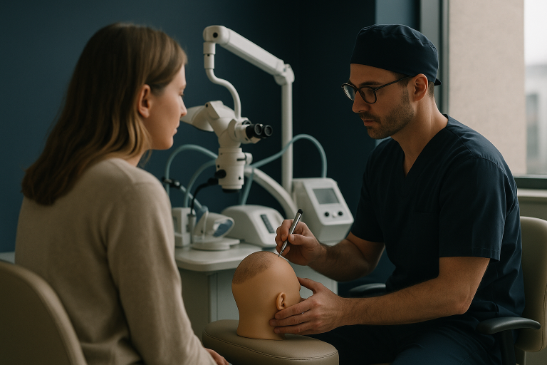 FUE hair implants procedure being demonstrated in a modern clinic setting with advanced equipment.